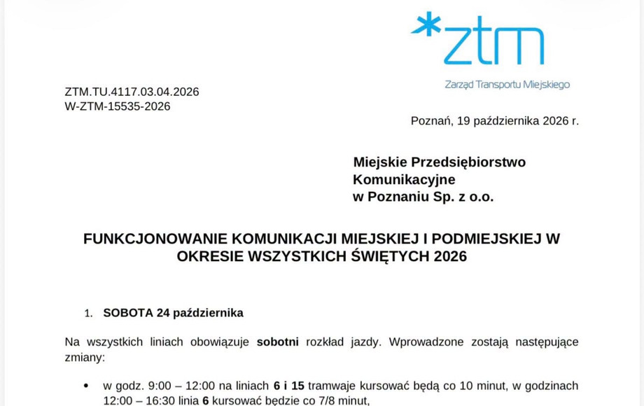 Zmiany w komunikacji miejskiej i podmiejskiej na Wszystkich Świętych 2026