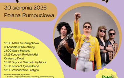 Plakat Festynu Pożegnanie wakacji 30 sierpnia na Polanie Rumpuciowej. Program godzinowy, atrakcje, partnerzy, sponsorzy i Honorowy Patronat Wójta Gminy Rokietnica