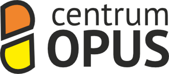 grafika jest logotypem - po lewej stronie u góry kształt 1/6 koła w kolorze pomarańczowym, poniżej taki sam do góry nogami w kolorze żółtym. Po prawej stronie napis czarnymi literami: "Centrum" i pod nim "OPUS".