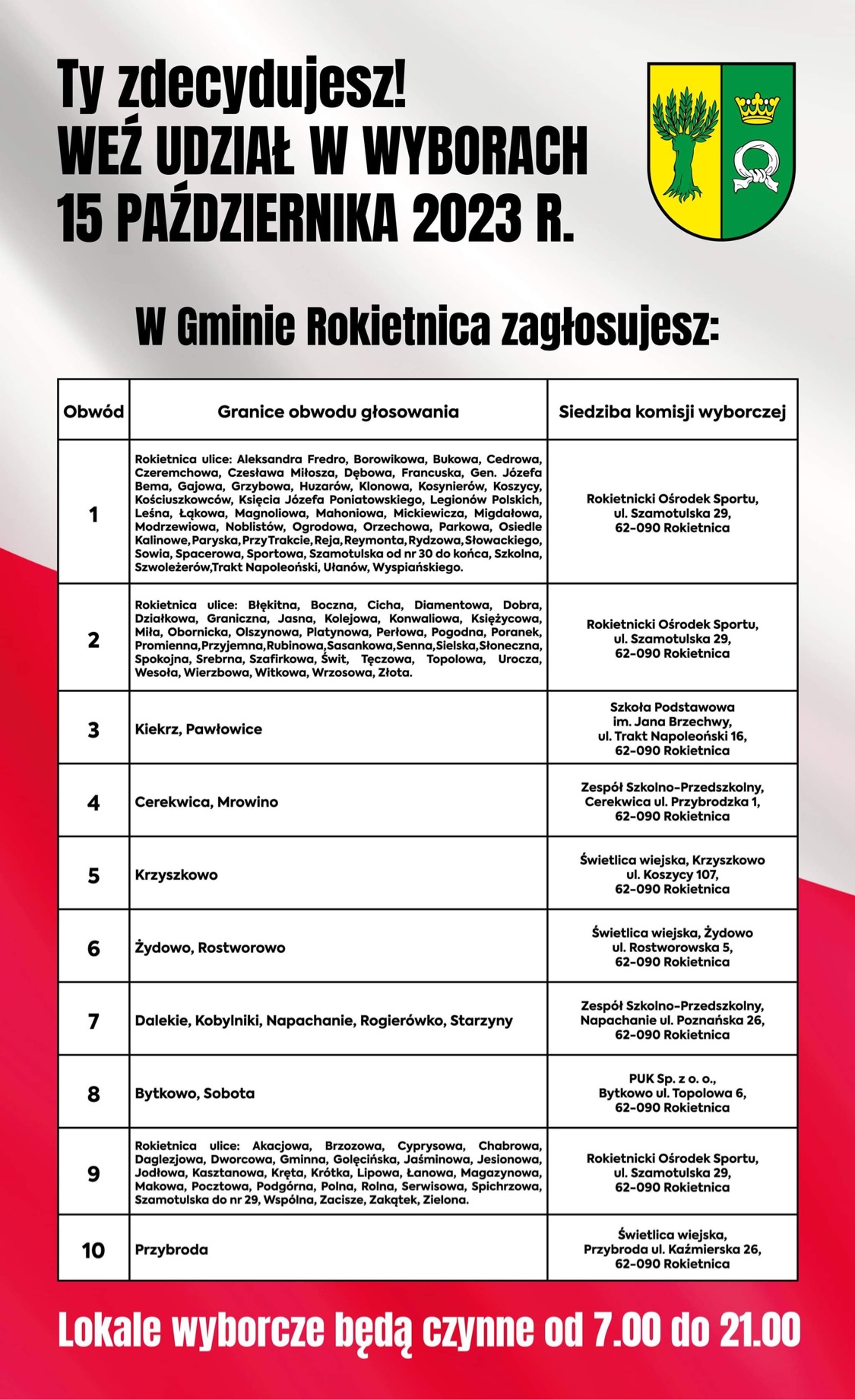 plakat przedstawia spis lokali wyborczych, w związku z wyborami do Sejmu i Senatu w roku 2023.  Na plakacie jest widoczna lista dziesięciu obwodów w Gminie Rokietnica , wraz z adresem miejsca, gdzie można dokonać głosowania. 