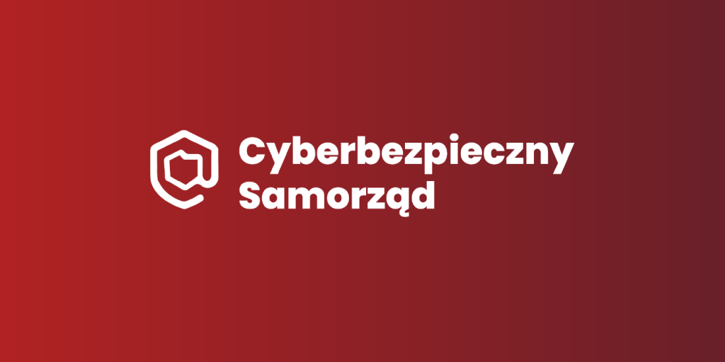 Na czerwony tle biały kontur Polski otoczony białą tarczą, obok biały napis Cyberbezpieczny Samorząd